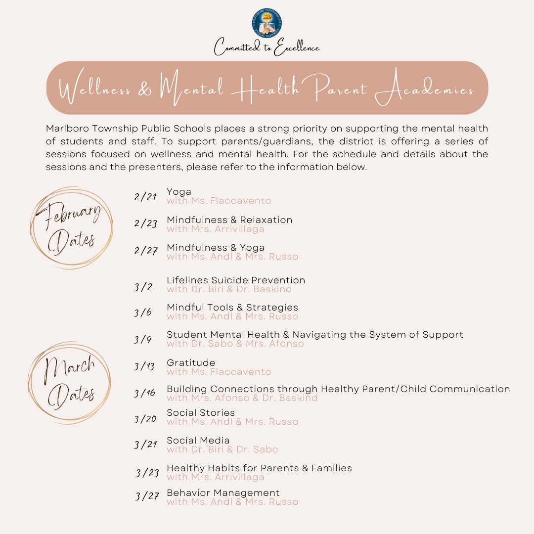 MTPSNJ's tweet photo. Marlboro Township Public Schools places a strong priority on supporting the mental health of students &amp; staff. To support parents/guardians, the district is offering a series of sessions focused on wellness and mental health. https://t.co/6vmlQCKBvr