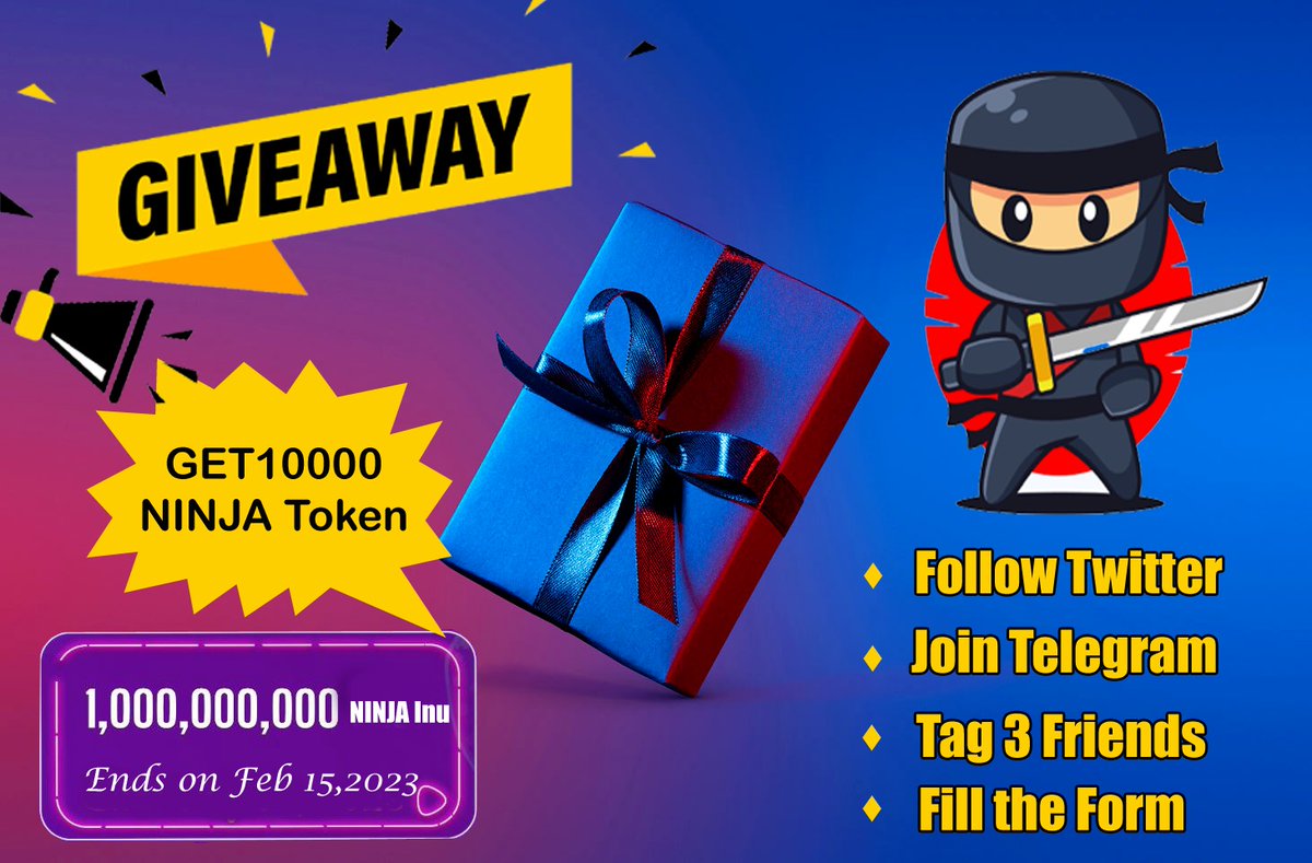 cryptotechworl1's tweet photo. @ArifSaribun 
🎁 Ninjainu giveaway 🎁

Dont ever miss giveaway! 🔥

Rules:
1️⃣ Must follow Twitter https://t.co/0guhIMjDg1
2️⃣ Must Join Telegram https://t.co/D3NZrf2OtQ
3⃣Tag 3 Friends
4⃣Like + RT 
5️⃣ Fill the form and submit 
https://t.co/X9aD1eBKVX… https://t.co/tuDuhK2f03