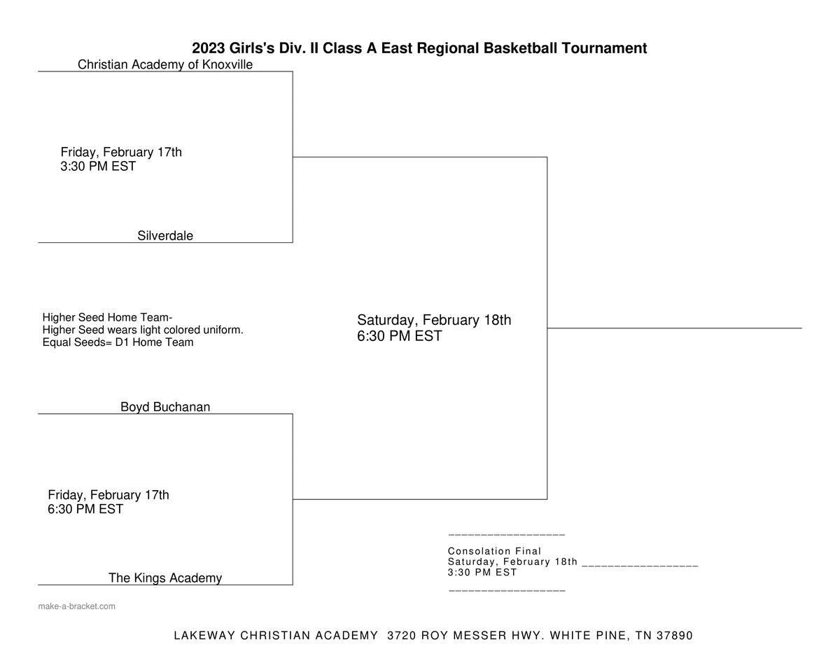 LCALions_sports's tweet photo. Today and tomorrow we are honored to host the Division II A East Region Girls' and Boys' Tournaments. Games begin today at 3:30 in Lakeway Arena. Check out the images for detailed bracket and time information. #lakewaylions #golions22 #lcabasketball https://t.co/3iMGlNkNDx