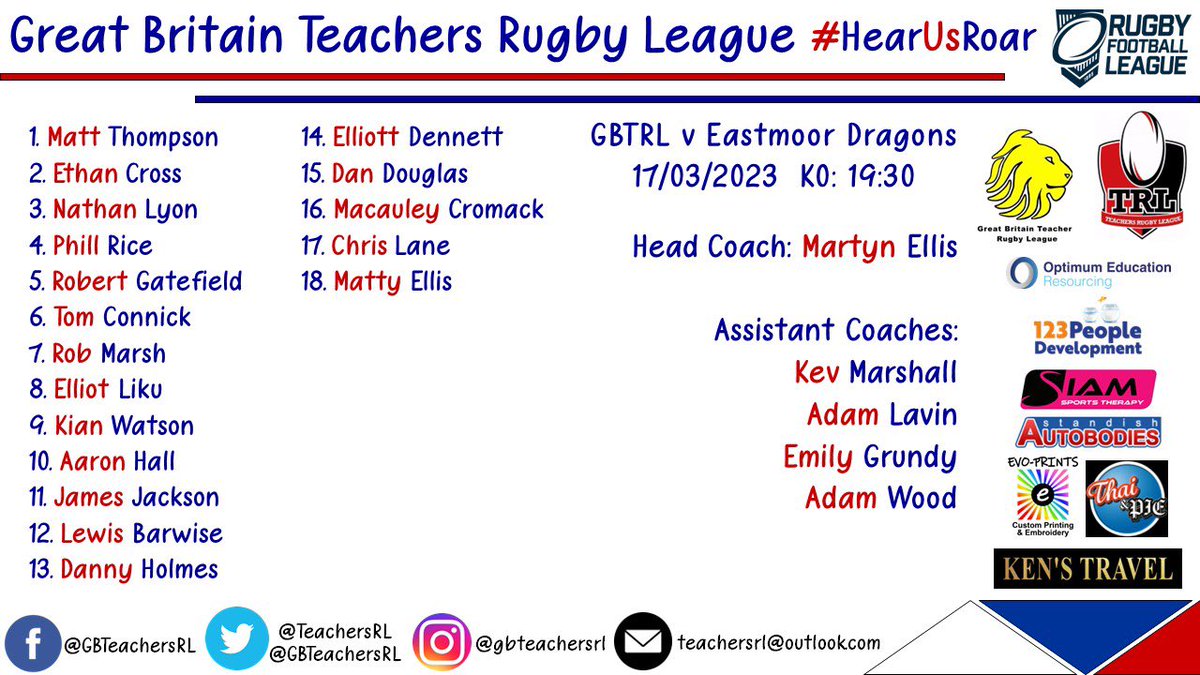TeachersRL's tweet photo. Here is tonight’s team to face @EastmoorARLFCOA https://t.co/cL4yFsfoLW