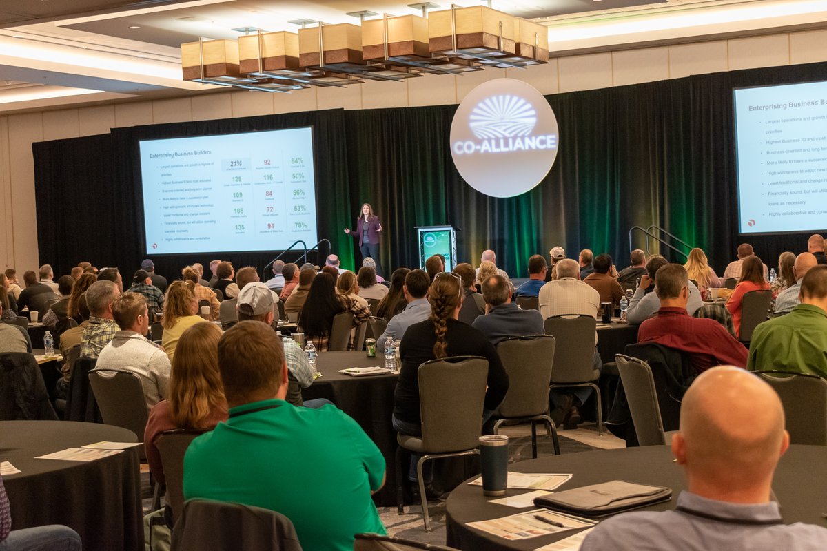 KeystoneCoop's tweet photo. We are excited to welcome over 200 customers to #FarmForward23! This morning growers were able to deepen their understanding and future of the business by hearing from Chuck Conner with @FarmerCoop, Jennifer Coleman with @AimpointRsrch, and @KZuckerberg with @CoBank. https://t.co/SlgjcOcxM4