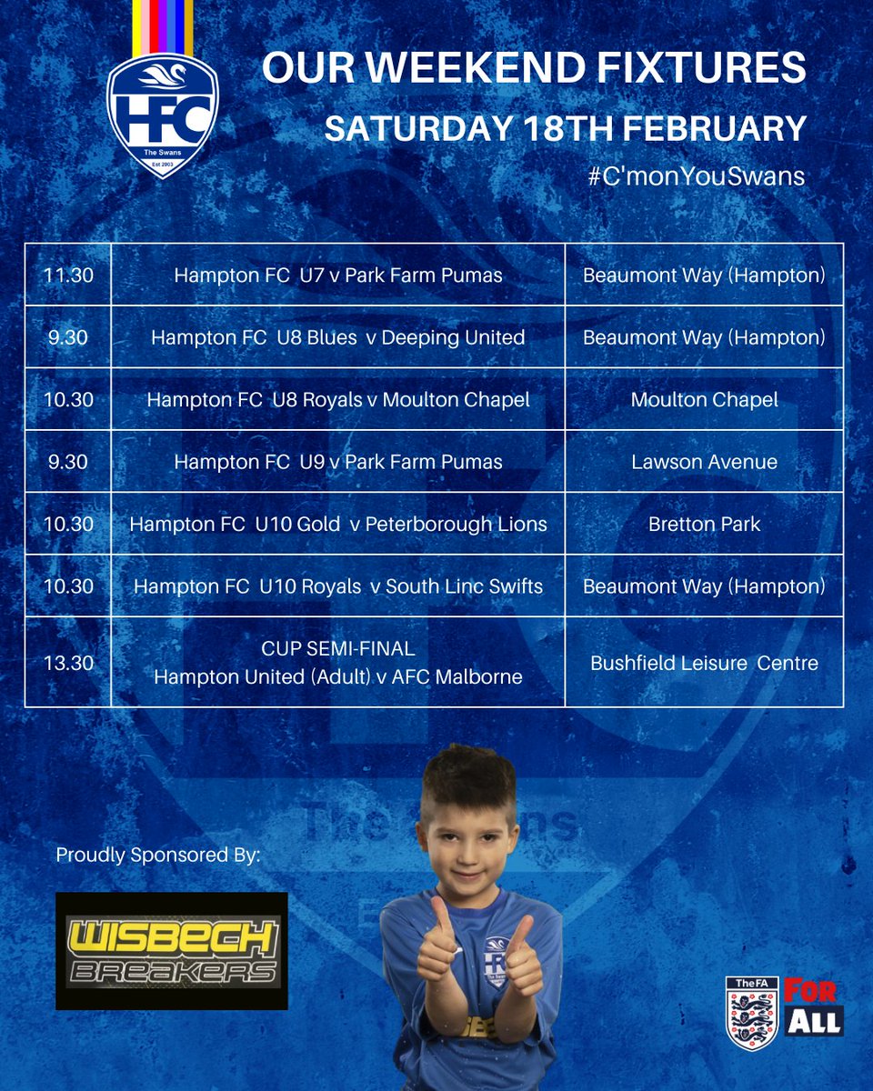 HamptonFCPeter1's tweet photo. Best of luck to all of our Teams who are playing tomorrow - especially Hampton United FC who have an important Cup Semi-Final match.

Special thanks to our friends @WisbechBreakers for their sponsorship of the wonderful Hampton FC U7s.

@HuntsFA 
@PDJALUK 
@HerewardSport https://t.co/cLyalKt3TD