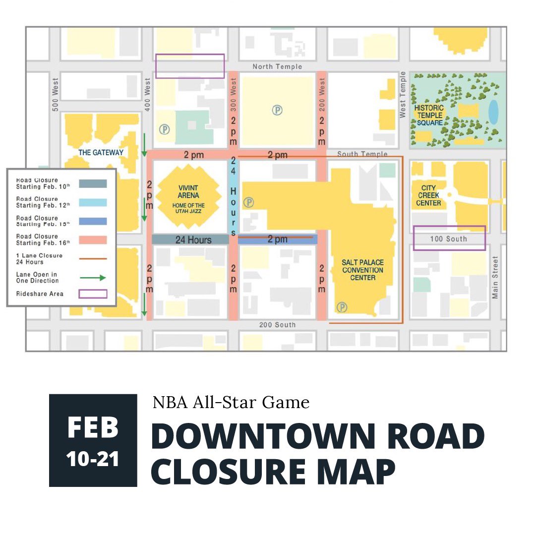 SLCgov's tweet photo. NBA All-Star Traffic Reminder ⚠️
 
@lyft @Uber Rideshare drivers, please use designated pick-up and drop-off locations! 

Avoid using 100 South between 200 and 300 West.

@UDOTTRAFFIC @UtahDOT @slcmoves 

#NBAAllStar https://t.co/UX8PyZB0Bq