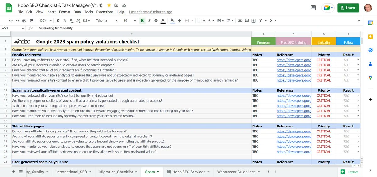 Hobo_Web's tweet photo. I made a free checklist out of Google's new spam policy guidelines just announced:

Google sheet: 
https://t.co/7lI0ERdDZZ 

Google guidelines:
https://t.co/HPJQELZbb4 https://t.co/8F3q9FJZ0d