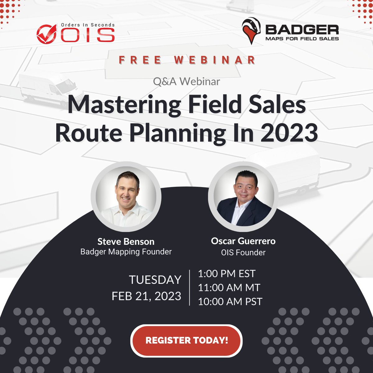 Badger Maps (@badgermaps) on Twitter photo Hey field sales teams!
Are you interested in connecting a Routing and Mapping app with an Order Management System?
Join Badger Maps CEO, <a href="/SteveBenson/">Steven Benson</a>, & Oscar Guerrero from <a href="/OISMobile/">Orders In Seconds, Inc.</a> for this upcoming Webinar on optimizing your field planning this year
lnkd.in/g__i_zp9 Hey field sales teams!
Are you interested in connecting a Routing and Mapping app with an Order Management System?
Join Badger Maps CEO, <a href="/SteveBenson/">Steven Benson</a>, & Oscar Guerrero from <a href="/OISMobile/">Orders In Seconds, Inc.</a> for this upcoming Webinar on optimizing your field planning this year
lnkd.in/g__i_zp9
