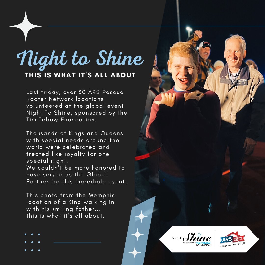 One week ago, ARS served as the Global Partner for this amazing event with over 30 of our locations volunteering nationwide, as well. More incredible photos and video to come, but this photo - this is what it's all about. 💙 

#NightToShine2023 #NightToShine #ARSRescueRooter