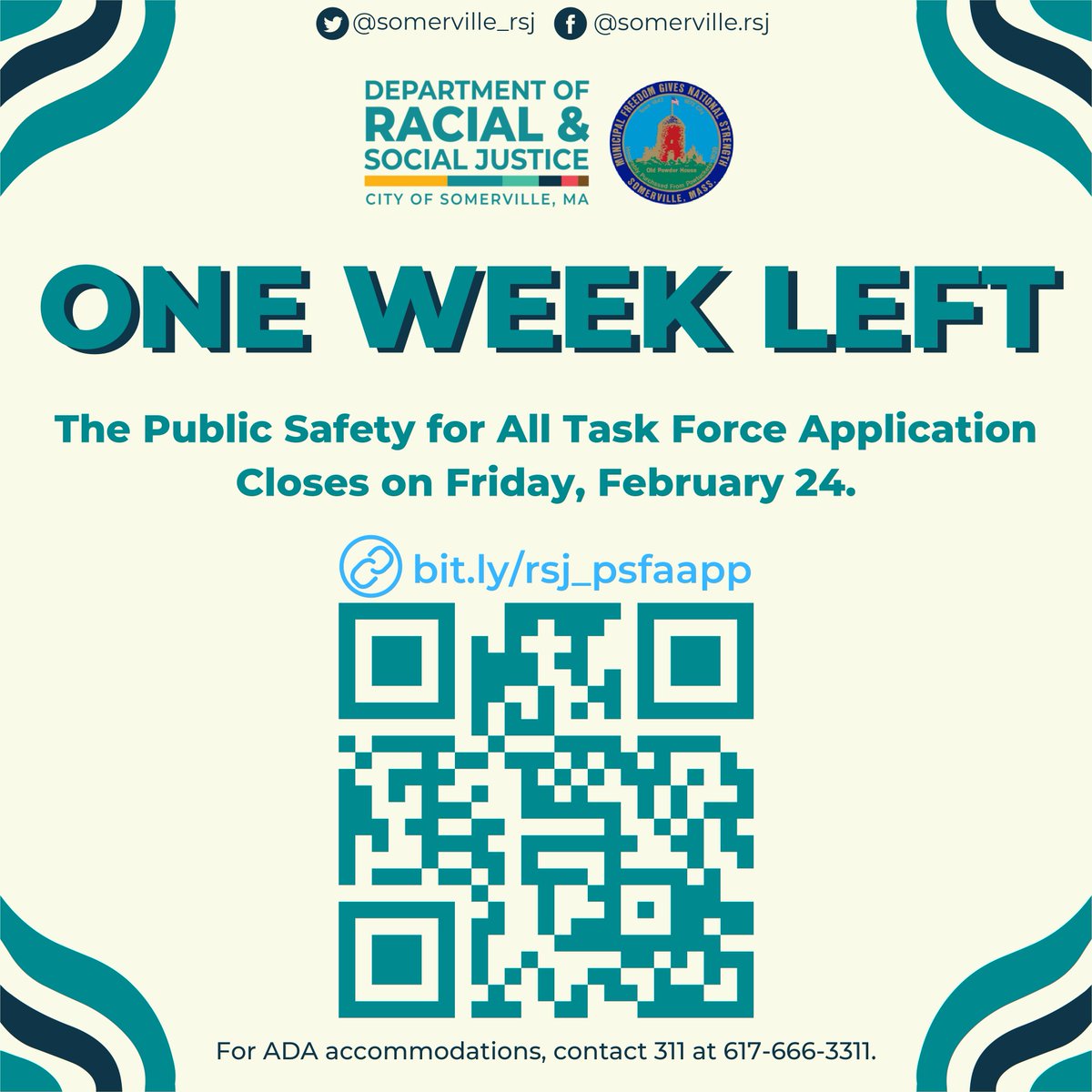 Somerville Department of Racial and Social Justice (@somerville_rsj) on Twitter photo The Public Safety for All Task Force Application closes next Friday, February 24. The group will make emergency response recommendations and other public safety policy recommendations to <a href="/SomervilleCity/">City of Somerville</a> later this year.
You can apply now: bit.ly/rsj_psfaapp The Public Safety for All Task Force Application closes next Friday, February 24. The group will make emergency response recommendations and other public safety policy recommendations to <a href="/SomervilleCity/">City of Somerville</a> later this year.
You can apply now: bit.ly/rsj_psfaapp