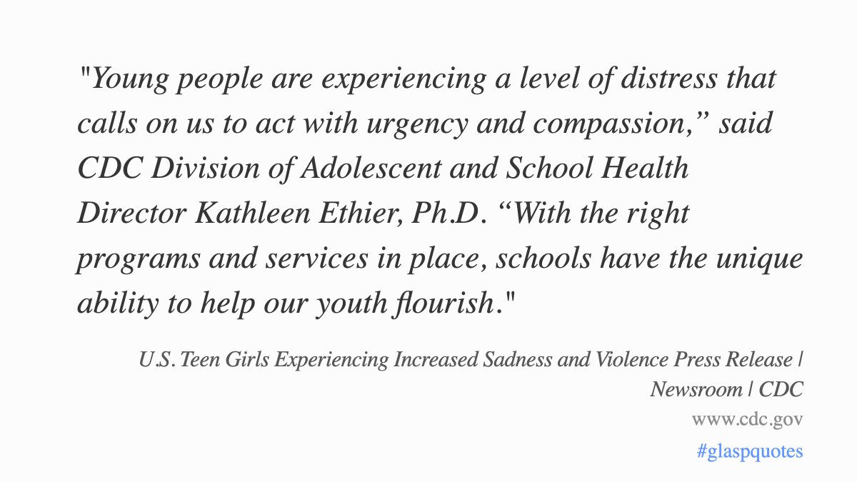 itstechnical_cf's tweet photo. 🔺 "US Teen Girls Experiencing Increased Sadness and Violence."
✍️ By: CDC Media Relations • @CDCgov
🔑 Keywords: #GlaspQuotes #USTeens #SuicideRisk #SuicidePrevention #LGBQ+
🔗 Article URL: https://t.co/XtJyuLm5XC
👉 More Highlights @_Glasp: https://t.co/rtxPP2wMyR https://t.co/NsWle9QQ5h