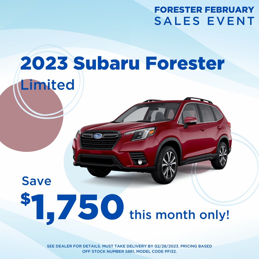 patrick_subaru's tweet photo. Get ready to explore with the limited-time Forester February Sales Event running now through 2/28/23! 
⛰️ Enjoy all these offers and more on the 2023 Subaru Forester only at Patrick Subaru!
To get started, schedule a test drive online today at https://t.co/PjHJ33gAD7! #Forester https://t.co/G2yDFyA5Fn