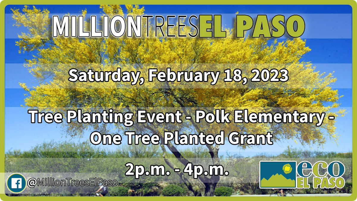 🌳 Join @Eco_ElPaso for a #tree planting event at Polk Elementary School on Saturday, February 18th from 2pm-4pm for our #MillionTreesElPaso tree planting program. ☀️

Thank you to @onetreeplanted for the grant!

#EcoElPaso #MillionTreesEP #OneTreePlanted #Trees @polkpanthers