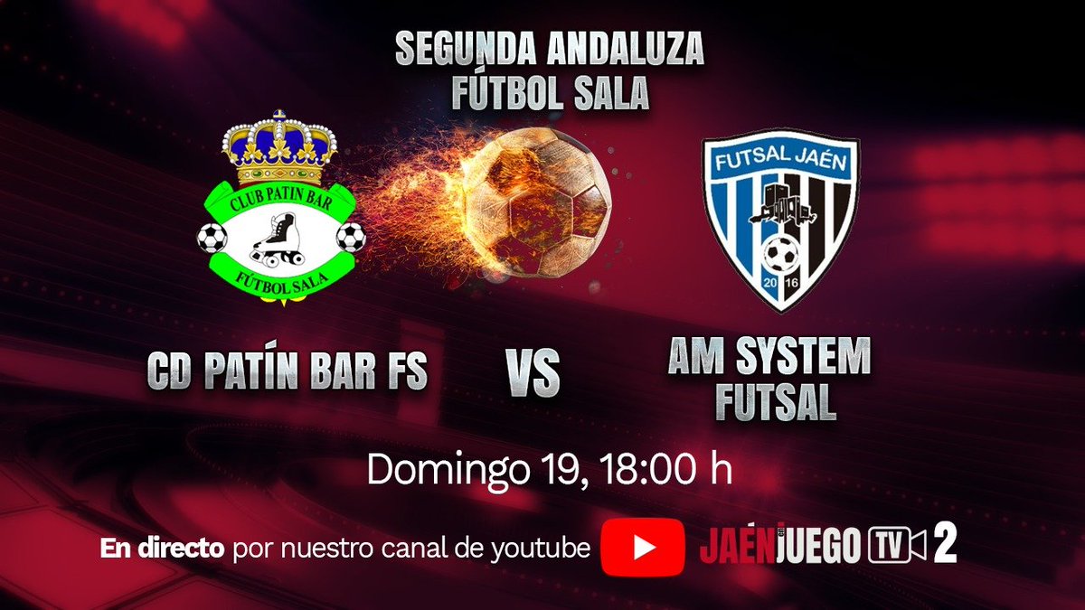JaenenJuego's tweet photo. 🚨RETRANSMISIÓN EN EL CANAL 2 ‼

⚽FÚTBOL SALA | Más fútbol sala provincial. PARTIDAZO en JaenEnJuego 2.  

➡Este domingo, en directo, desde las 18:00 h: @ClubPatinBarFS - @Futsal_Jaen . Los tosirianos quieren asaltar la 2ª posición. 

📺Aquí: https://t.co/Xu6zznK5lX https://t.co/XdRD9GdtpE