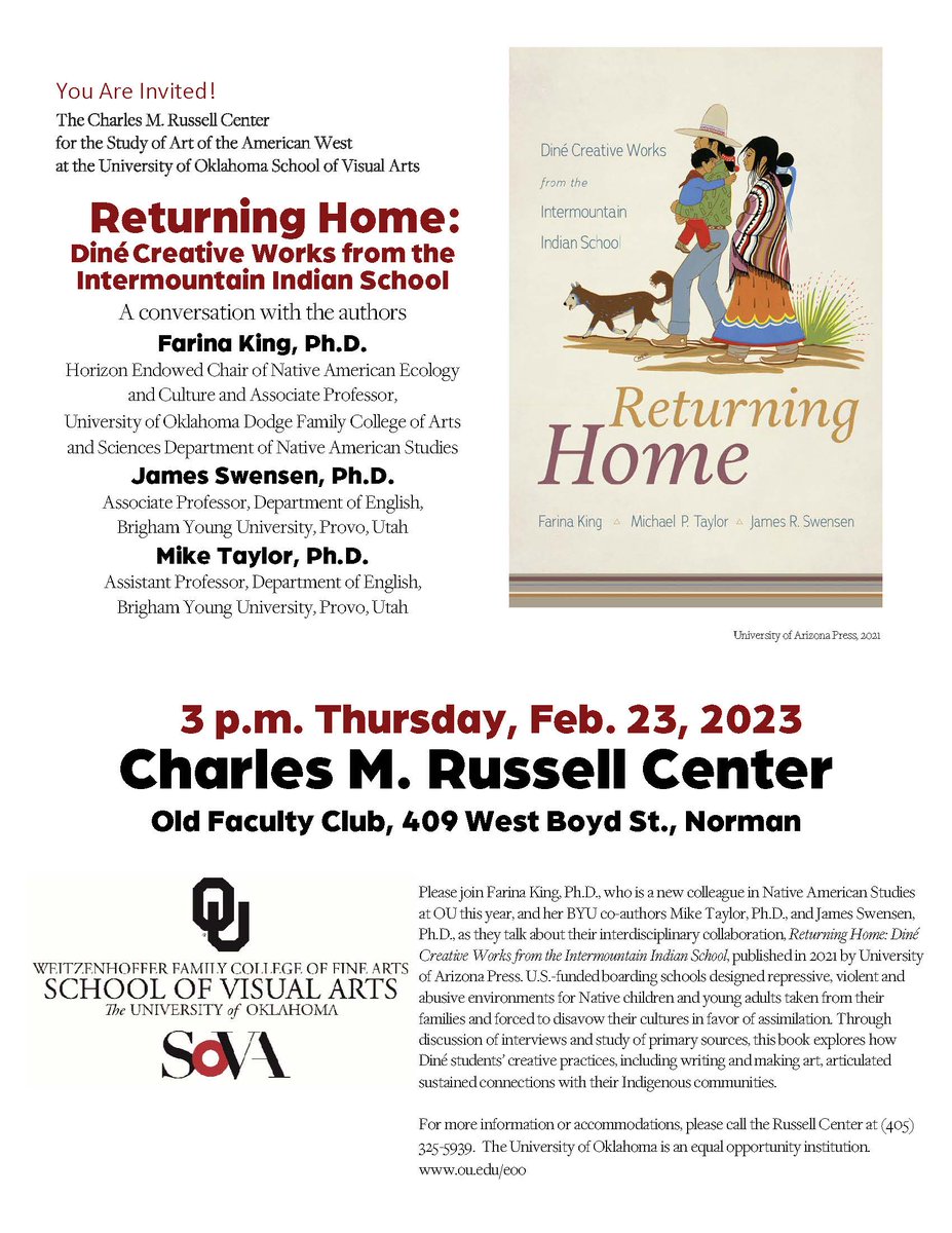 CMRUSSELLCENTER's tweet photo. Please join us at the Russell Ctr. on Thurs. 2-23 @ 3 PM for a discussion with Drs. Farina King, Michael Taylor, &amp; James Swensen about recent book, Returning Home: Diné Creative Works from the Intermountain Indian School. #russellcenter #boardingschoolhistory #intermountain https://t.co/N55RtCvCPm