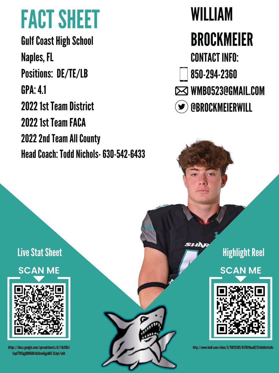 William Brockmeier 
🏈Pos:LB/DE/TE
📏Ht:6’5"🥘Wt:230
🎓C/O:2024 (eligible for early graduation)
📚GPA:4.12
🏫School:Gulf Coast High School
🌃City:Naples, Florida
📱Phone:850-294-2360
🆔️NCAA: #2204499802
🎥HUDL:hudl.com/profile/150753…
🏋: squat (340) clean (290) bench (250)