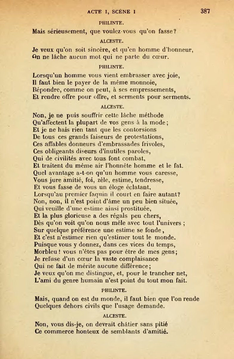 cayetanaAT's tweet photo. «Je refuse d'un cœur la vaste complaisance
Qui ne fait de mérite aucune différence;
Je veux qu'on me distingue, et, pour le trancher net,
L'ami du genre humain n'est point du tout mon fait.»

Le Misanthrope, Acte I, scène I.

Hace hoy 350 años que murió el inmenso Molière. https://t.co/4GYvzpTZx3