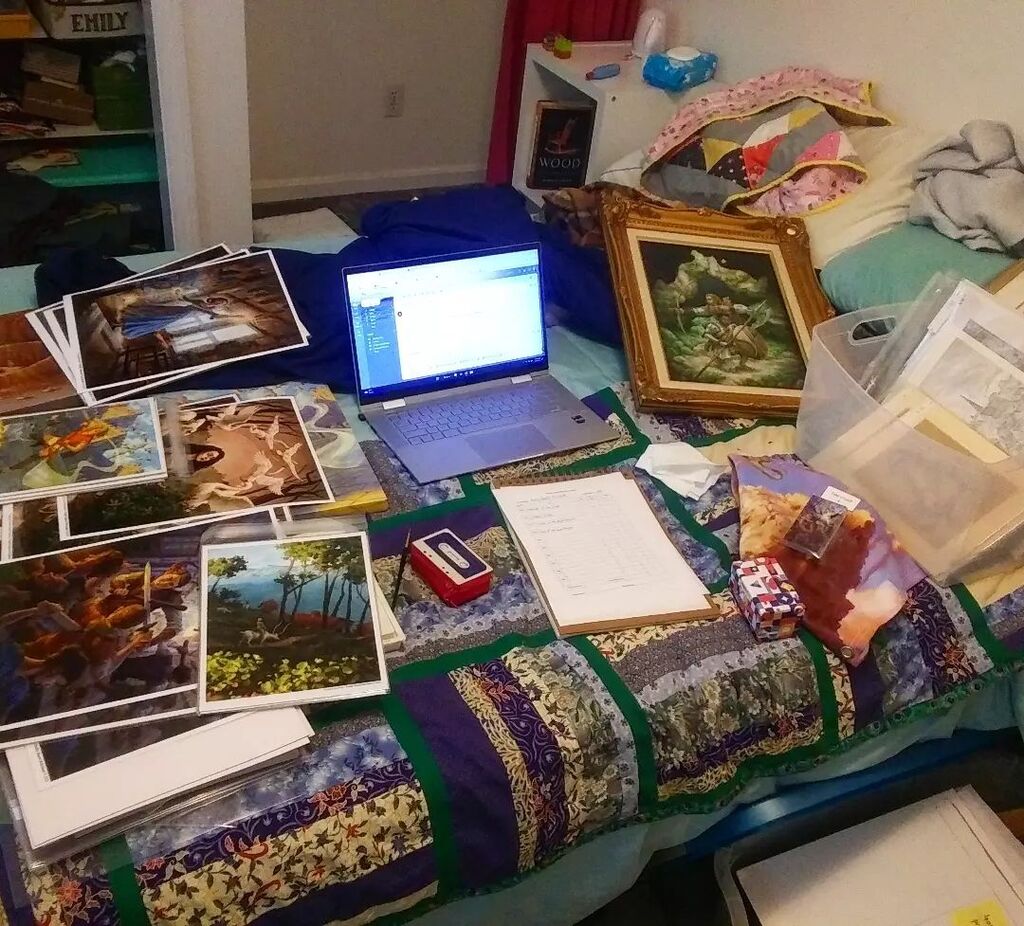 emilypritchart's tweet photo. Getting ready for Boskone! It's a little bit nuts! 😬
.
#artshow #artshowprep #framingart #boskone #scififantasy #fantasyartist #artforsale #originalart #artprints #framedart #fantasycharacters https://t.co/jGGTvO4OHr https://t.co/nBOG62GTZL