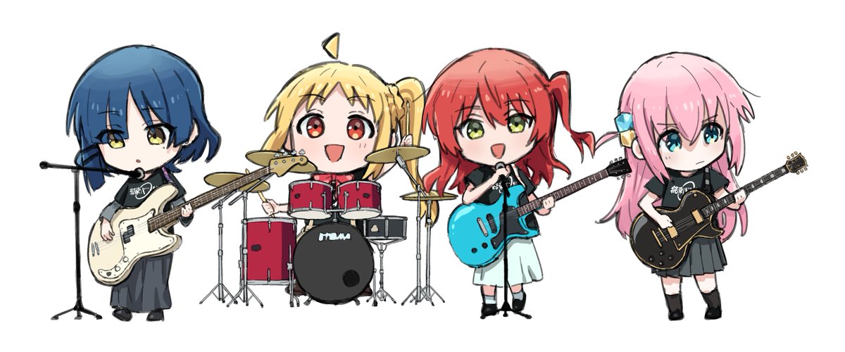 gotou hitori ,ijichi nijika multiple girls 4girls instrument gibson les paul bass guitar cube hair ornament drum  illustration images