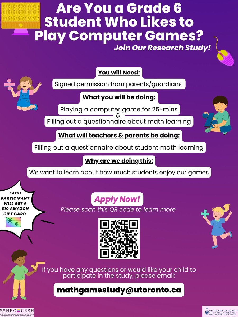 Emotions & Learning Optimization (ELO) Lab (@elo_project) on Twitter photo We are currently recruiting grade 6 students, their teachers, and parents/guardians to participate in our math game study!
If you or anyone you know is interested in participating, please email mathgamestudy@utoronto.ca for more information
#research #UofT <a href="/UofT/">University of Toronto</a> <a href="/APHDatOISE/">OISE - Applied Psychology & Human Development</a> We are currently recruiting grade 6 students, their teachers, and parents/guardians to participate in our math game study!
If you or anyone you know is interested in participating, please email mathgamestudy@utoronto.ca for more information
#research #UofT <a href="/UofT/">University of Toronto</a> <a href="/APHDatOISE/">OISE - Applied Psychology & Human Development</a>