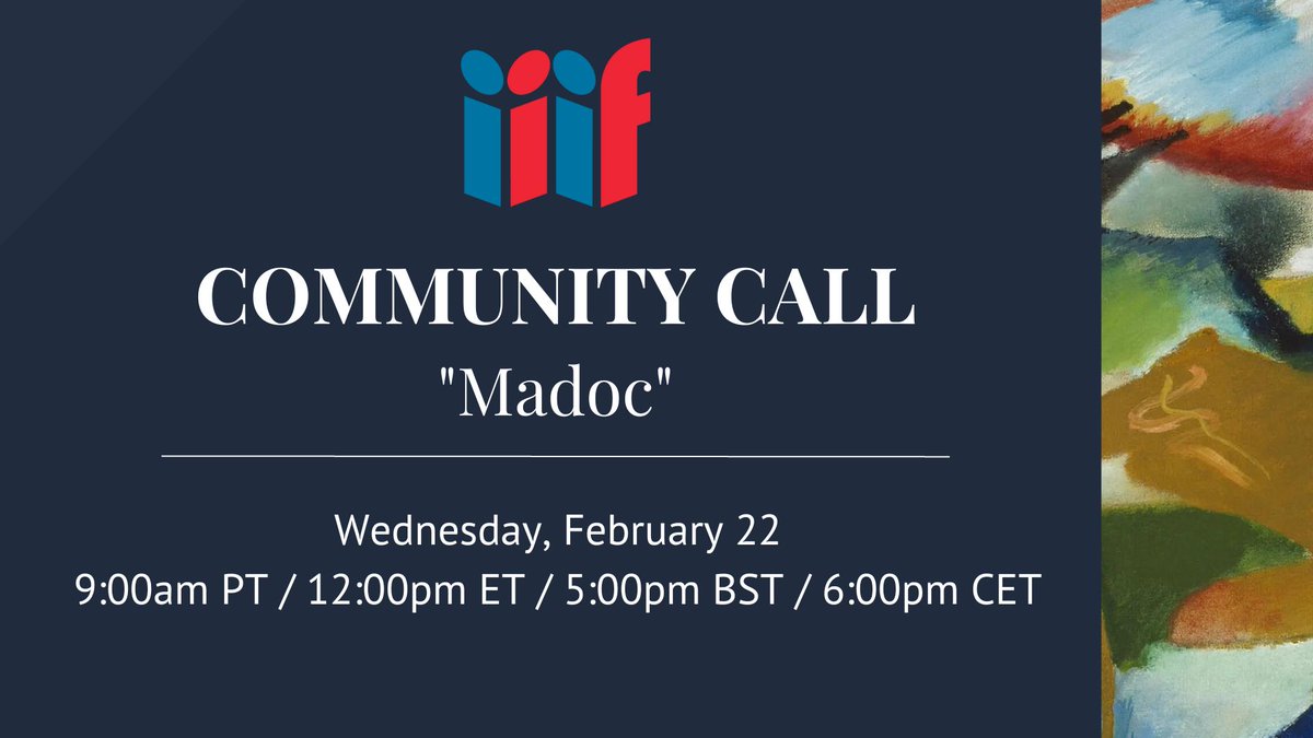 Join us on Wednesday, February 22, at 9:00am PT / 12:00pm ET / 5:00pm GMT / 6:00pm CET for the next #IIIF Community Call, featuring #Madoc users and developers. Call-in information on the Community Calendar👇: iiif.io/news-and-event…