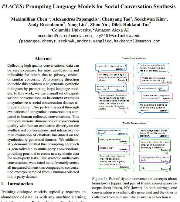 maximillianc_'s tweet image. Oh, the✨PLACES✨you&apos;ll go [with synthetic data]!

Augmentation helps with low-resource data, but how do you augment tasks which doesn&apos;t exist?

In our EACL Findings paper, we show LMs can synthesize high-quality dyadic and multiparty conversation corpora.
arxiv.org/abs/2302.03269