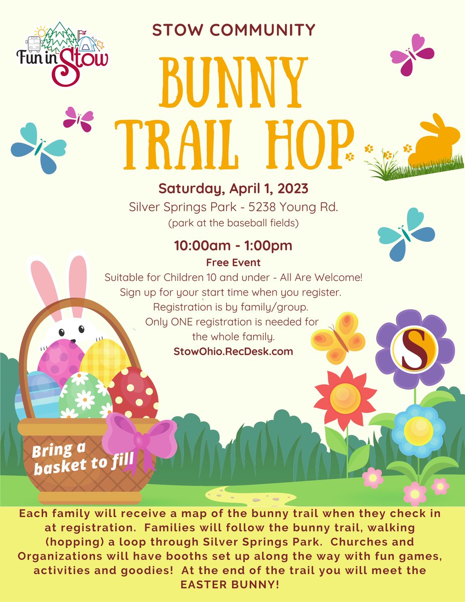 FuninStow's tweet photo. THE EASTER BUNNY IS COMING TO TOWN!  Get your registrations in for the very popular FREE Community Event!  
The Stow Community Bunny Trail Hop
Saturday, April 1, 2023
10am-1pm 
Silver Springs Park (5238 Young Rd.)
https://t.co/SupawifSQL https://t.co/GtYz7c84TO