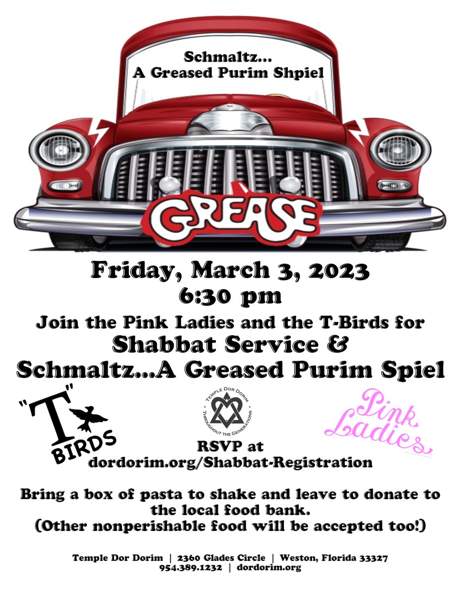 TempleDorDorim's tweet photo. Purim! 
- Schmaltz…A Greased Purim Shpiel &amp; Shabbat Service - Friday, 3/3 at 6:30 PM
- Purim Carnival (with games, face painting, lunch, hamantaschen, and more)! - Sunday, 3/5 at 11:30 AM
For more info and to register visit https://t.co/p9W9hqbx72 
https://t.co/YmP4AI3ZEv https://t.co/U1fGIvjf3J