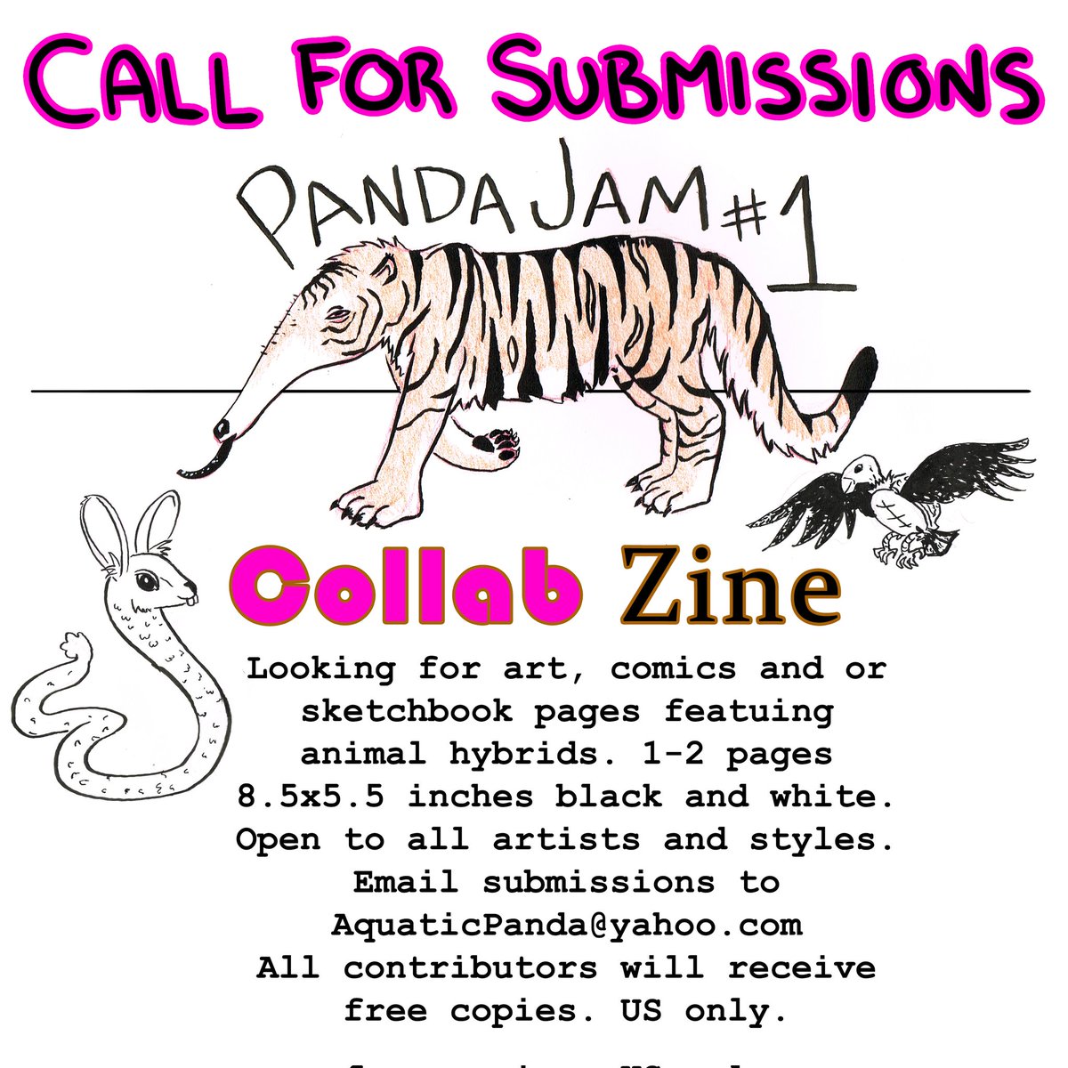 AquaticPandaDis's tweet photo. Call for submissions for a collab zine! See Instagram post for more details.
#callforsubmissions #zines #zinester #artistsontwitter #collab #animalhybrids #pandajam #aquaticpanda  https://t.co/w2F2V84SUY https://t.co/4bGC7usAGe
