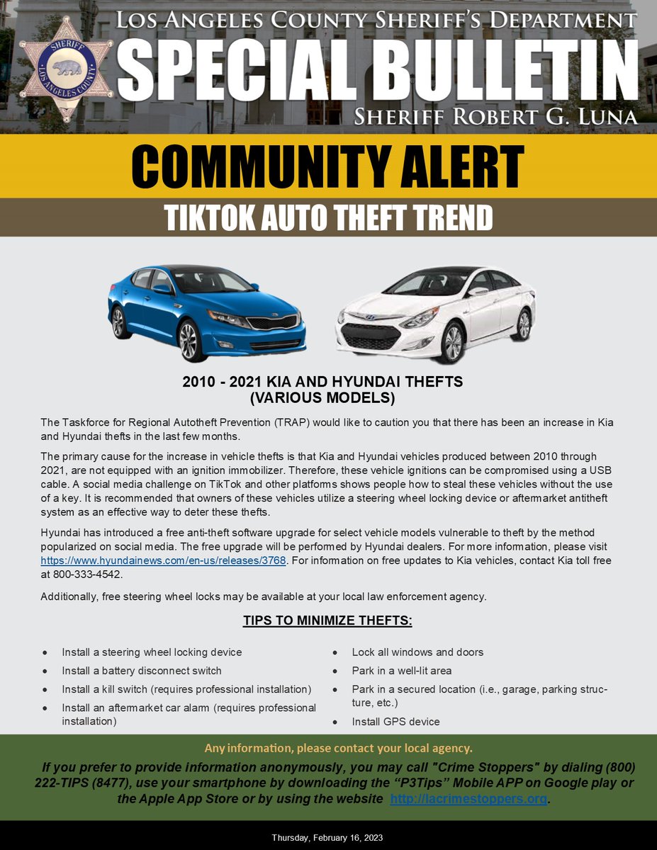 LA County Sheriffs on Twitter "LASD TRAP Community Alert on Viral Auto Theft Trend Hyundai 