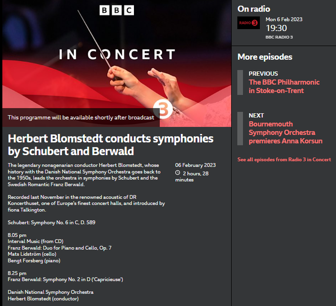 MozartCircleCN's tweet photo. 6 February 2023 Monday 19.30
@BBCRadio3
& Great #Blomstedt present
#Schubert Symphony No. 6 in C, D. 589
#Berwald Symphony No. 2 in D ('Capricieuse')! #ff
#Berwald family were fans of #Haydn & friend of #Beethoven!
19 days left!
https://t.co/lpfKU4Z4Fh https://t.co/3lllpwZHUB