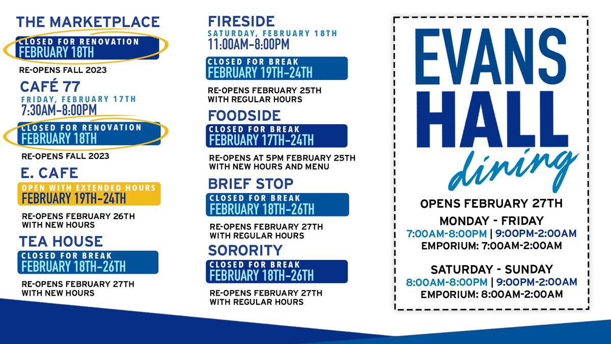 wluDining's tweet image. Please note our adjusted schedule below. #FebBreak⬇️