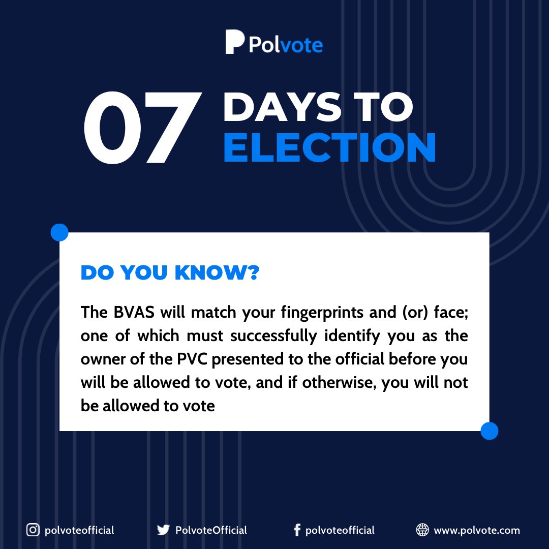 PolvoteOfficial's tweet photo. It’s exactly a week to the 2023 Nigeria General Elections 

Ensure you vote on February 25 to change Nigeria’s current narrative. Your Vote Truly Counts!

#2023Elections #ElectionCountdown #Politics #Governance #Leadership #Nigeria #Polvote https://t.co/B2xVvb6mkY