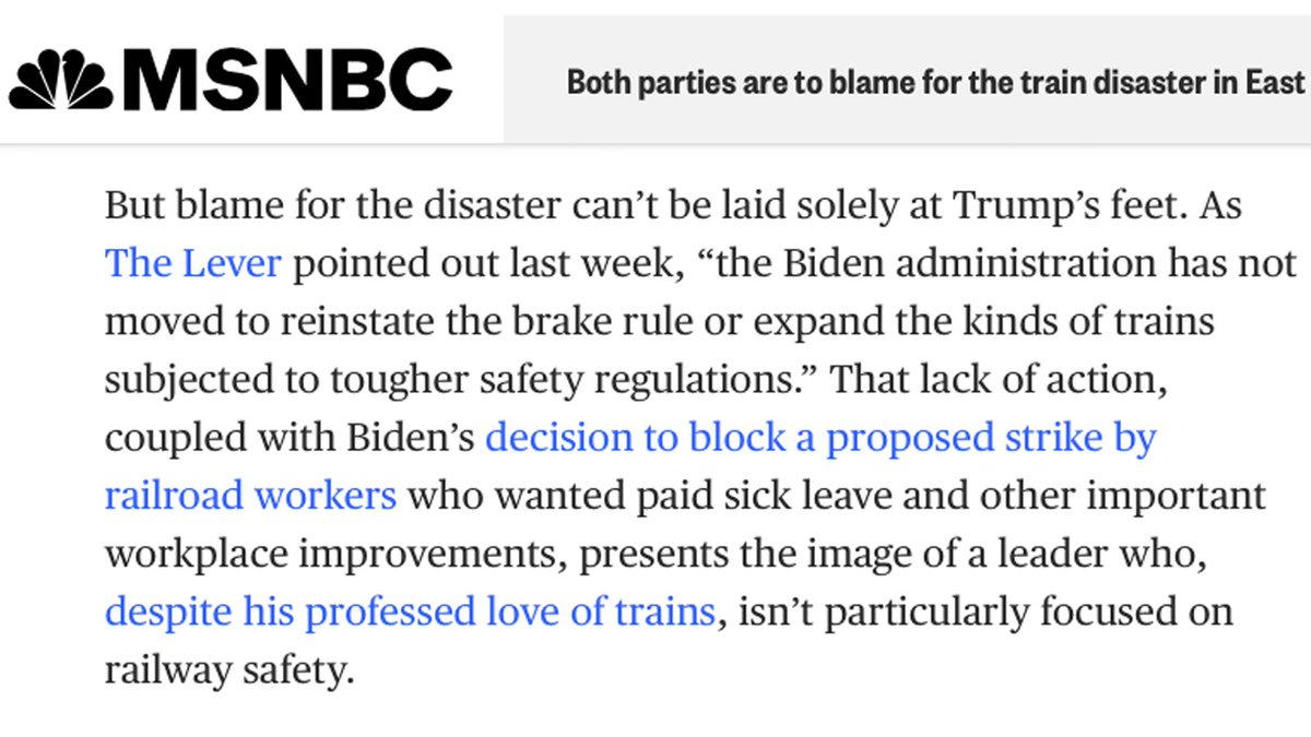 davidsirota's tweet photo. One job of @LeverNews is for our reporting to force other media to admit truths

This often feels impossible - but heres our reporting compelling even MSNBC to admit a truth thats inconvenient to Dems

Headline: "Both parties to blame for train disaster" 

https://t.co/pBHkmt1cJE https://t.co/r4wl518VNU