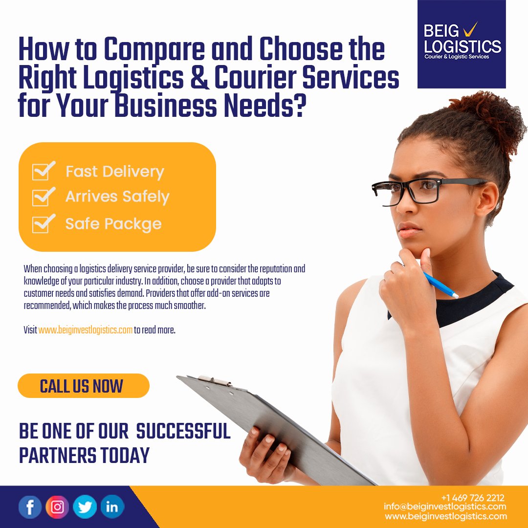 BeigLogistics's tweet photo. How to Compare and Choose the Right Logistics & Courier Services for Your Business Needs?
#shipping #freightforwarder #securedpackage #supplychainsolution #dallastx #businesspartner #oncalldelivery #express #transportcompany #rushdelivery #logisticssolutions #cargo #trucking https://t.co/jC8MYAoLi0