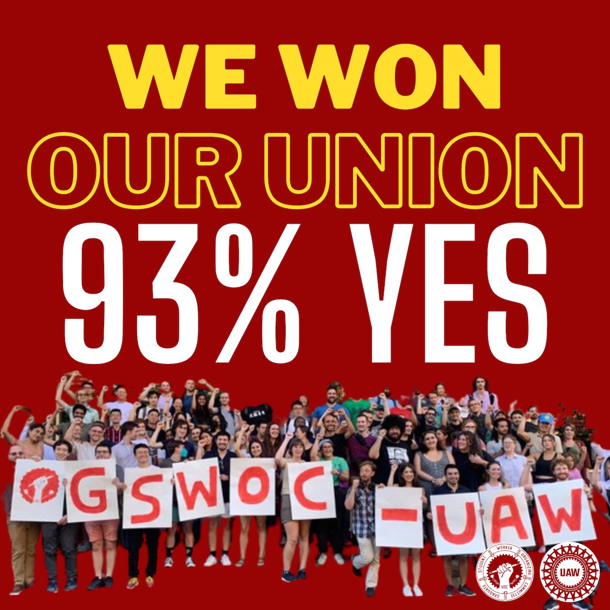 WE WON OUR UNION! The votes are in. By an incredible 93% margin, a vote of 1599 Yes to 122 No, USC Graduate Student Workers have voted resoundingly in favor of forming our union, GSWOC-UAW!
