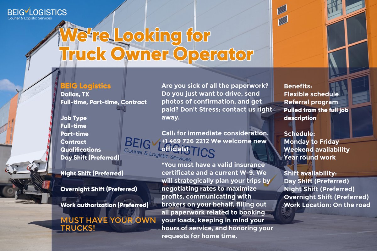 BeigLogistics's tweet photo. BEIG Logistics is the perfect solution. Our platform connects you with reliable, high-paying customers and helps you easily manage your business. Plus, with our secure payment system, you can rest assured that you'll get paid on time every time https://t.co/9St0TEq8Se