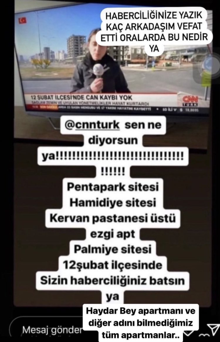 HasMaraslii's tweet photo. Haberinizi başından beri izliyoruz. Yanlış haber yapmaya utanmıyor musunuz onlarca arkadaşımı onikişubat’ta kaybettik. Hamidiye siteleri  Penta park siteleri haydar bey proton kervanın üstü yüzlerce insan hayatını kaybetti. İzledik diye sapıtmayın! #kahramanmaraş #deprem @cnnturk https://t.co/LAMHlyhaxb
