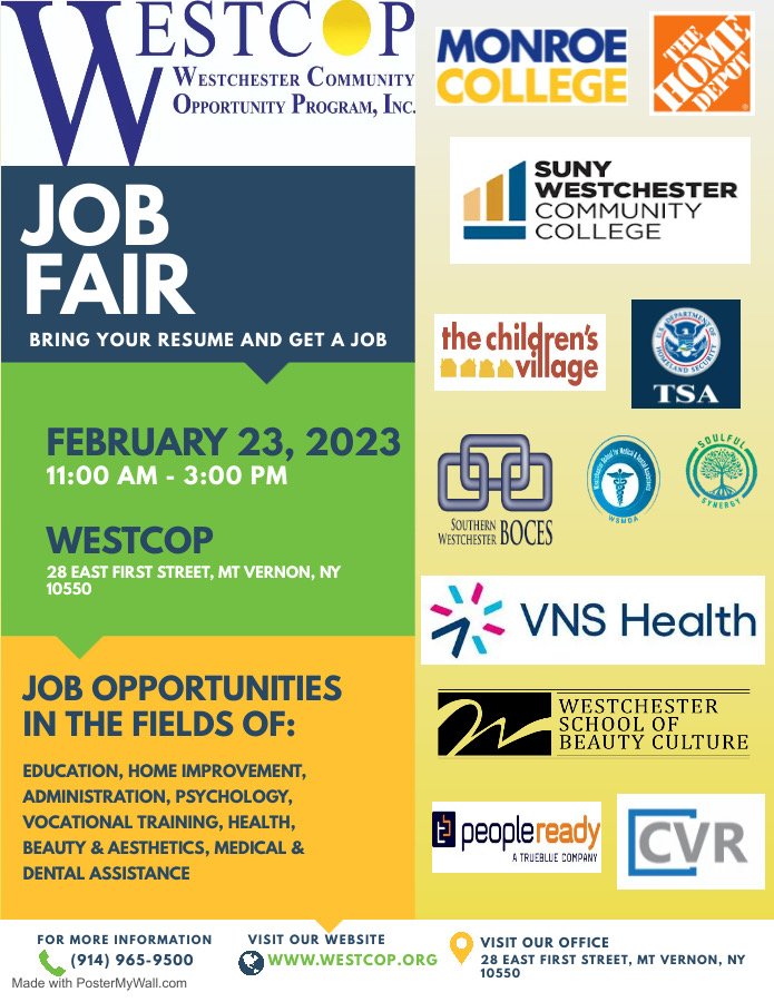 SWBOCES_adulted's tweet photo. Join us in Mt. Vernon with our partners at WestCop for their Job Fair on February 23! We look forward sharing information on education and training to boost your employability. #accessyourfuture #BOCES #adulted #jobseekers #westchester #swboces https://t.co/GaCONmKj1o