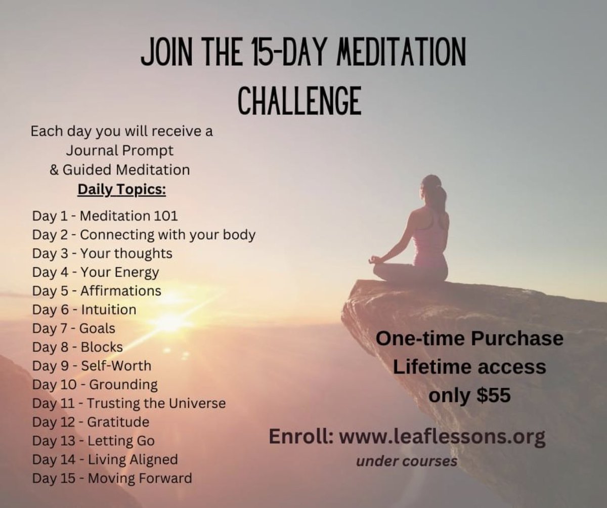 LeafLessons's tweet image. Want some motivation to start meditating or begin again? This is the Perfect challenge to join! Lifetime access! #meditation #meditationchallenge #mindfullness #mindset #spiritualawakening #SPIRITUAL #higherself #healing #lifecoach #intuitivehealing