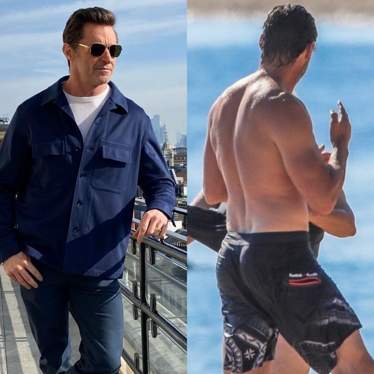 MarkWrightsBum's tweet photo. Mark Wright with Hugh Jackman is the combination we never knew we needed! ππ₯π Hugh may have Mark beat in the bicep department, but who will win in the battle or the glutes? πππ₯πͺ Vote below! ππ #bootybattle #cheeky https://t.co/IDwkDkafcc