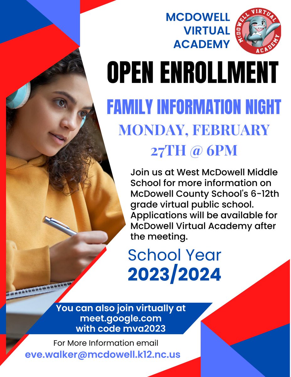 McDowell Virtual Academy Open Enrollment - Family Information Night 
Monday, February 27th @ 6 p.m.
