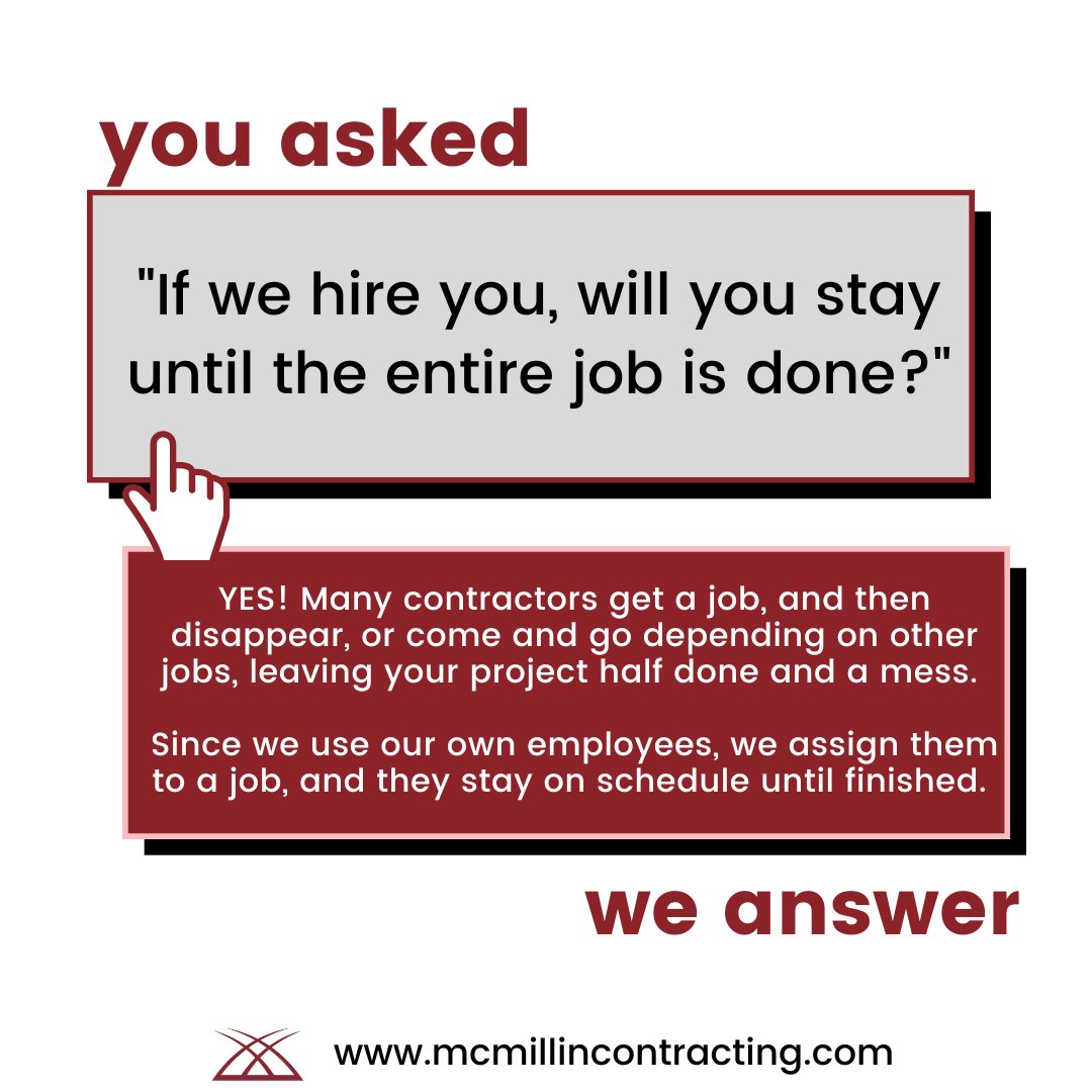 McMillinGeneral's tweet photo. Our employees are assigned to individual jobs, where they are on a set schedule and are consistent until the entire job is complete.

For more information on our services, visit https://t.co/seLZBtF6bv!

#contractorsofinsta #contracting #sandiegocontractor #propertymanagement https://t.co/pJ5i5LlsAh