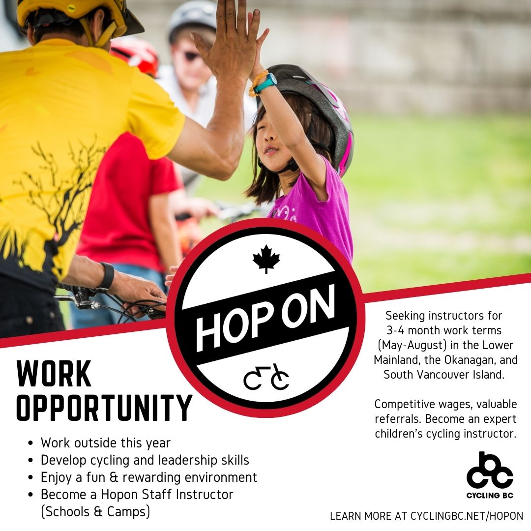 CyclingBC's tweet image. We are hiring instructors across BC to deliver Cycling BC's HopOn school, after-school, and summer camp programs. Being a HopOn instructor is fun, rewarding, and has a lasting positive impact on youth cycling. Learn more and apply at cyclingbc.net/hopon