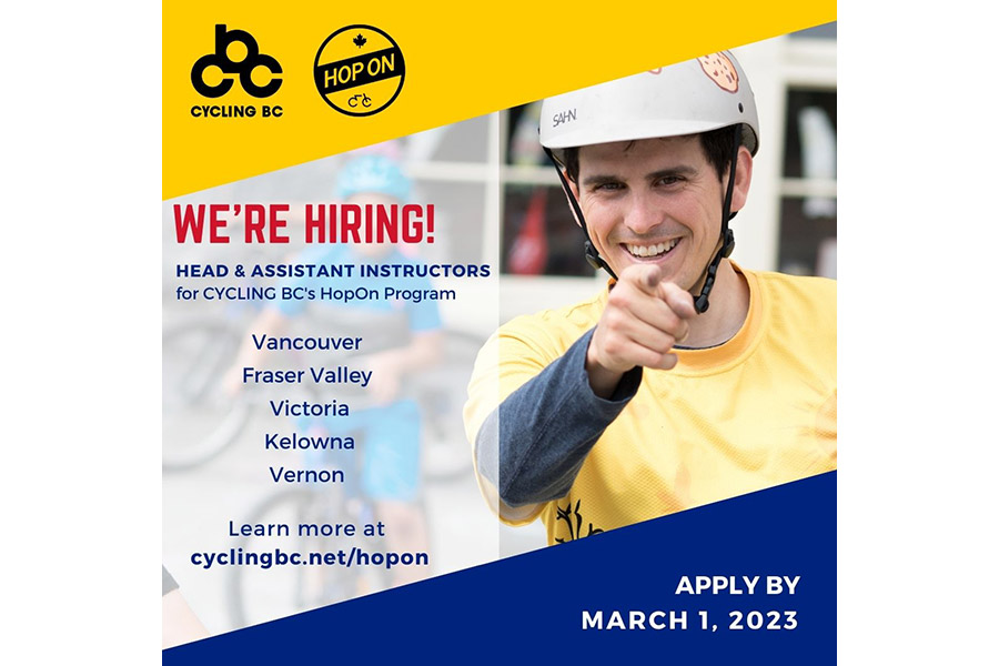 CyclingBC's tweet image. We are hiring instructors across BC to deliver Cycling BC's HopOn school, after-school, and summer camp programs. Being a HopOn instructor is fun, rewarding, and has a lasting positive impact on youth cycling. Learn more and apply at cyclingbc.net/hopon