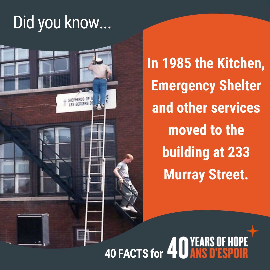sghottawa's tweet photo. It didn't take long for the needs of the community to outgrow the space at St. Brigid's church. Two years after opening, Shepherds of Good Hope moved into 233 Murray Street. To this day our Community Kitchen, Drop-in Program and administrative offices are located here. #Sheps40 https://t.co/wzTbSXyzHr