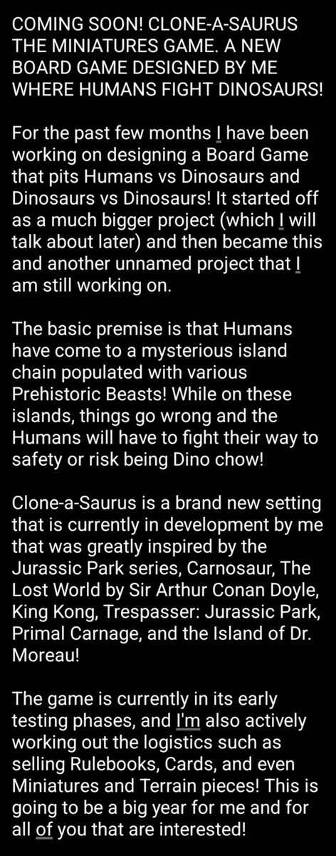 WedgeDAntilles's tweet image. I'm making a Board Game!

Truth be told, this game originally started as something different but now has split into two projects (more on that later 🤭)

This is a wargame that pits Dino vs Dino and Humans vs Dino!

If you have questions let me know!