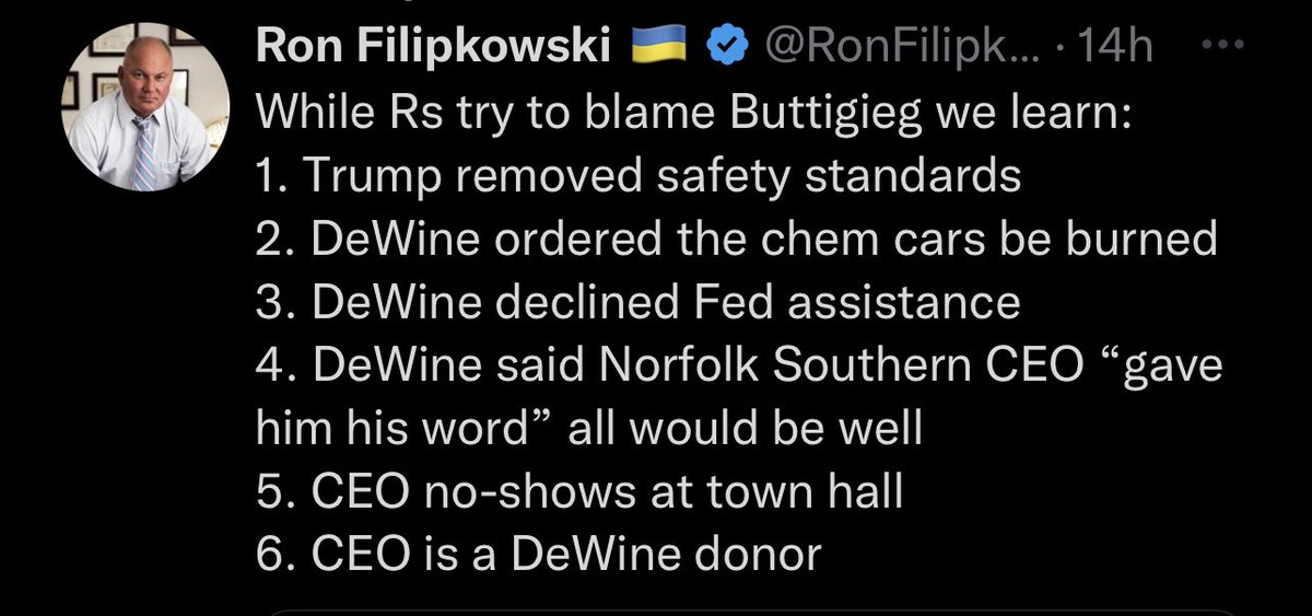 <a href="/DonaldJTrumpJr/">Donald Trump Jr.</a> The derailment in OH doesn’t fall under FEMA guidelines. Unlike the dad of Don Jr, the Biden Administration follows rules. There may be funds available under CDC and HHS to help OH. FYI…DeWine declined federal assistance offered, then changed his mind. It’s on DeWine.