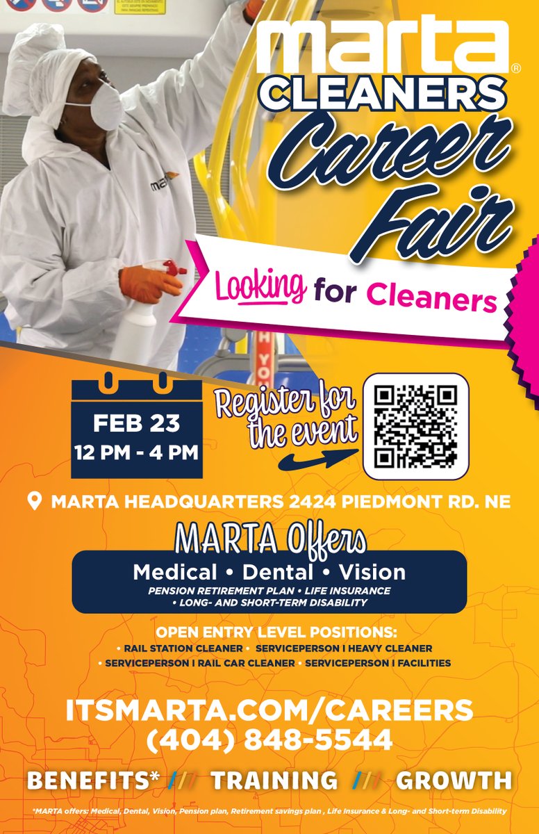Save the date! MARTA will hold a career fair for cleaners on Thursday, Feb. 23, from noon until 4 p.m. at MARTA headquarters, located across from the Lindbergh Center rail station on Piedmont Road in Atlanta. 
Learn more: itsmarta.com/marta-job-fair…