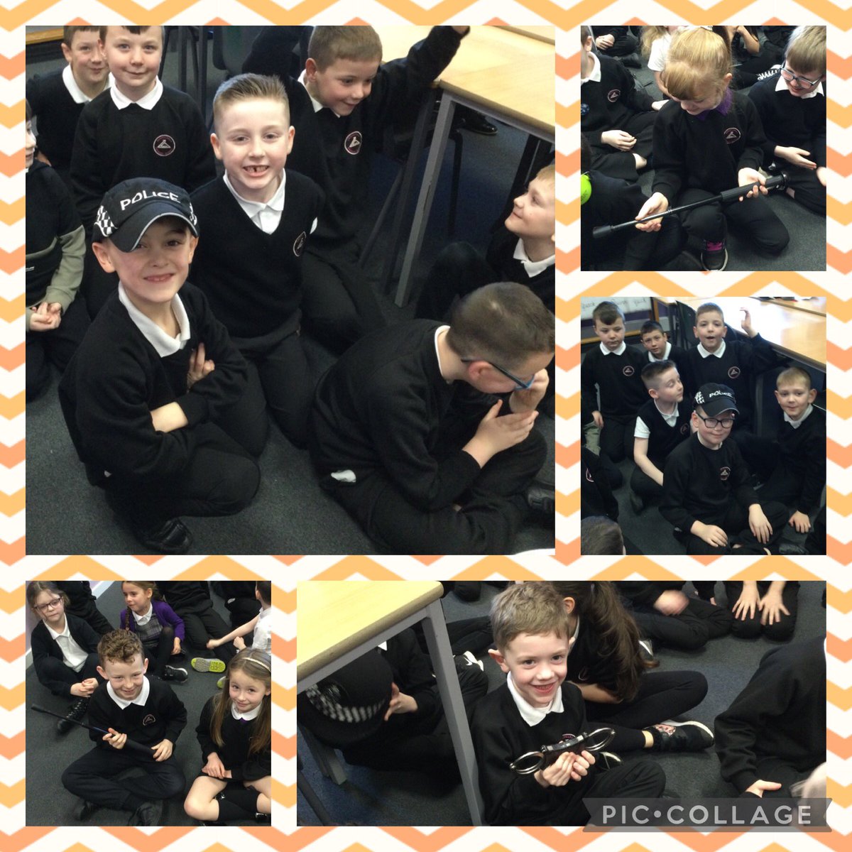 chapelhallPS's tweet photo. P3 & P4/3 loved their visit from the community police officers. We learned all about things police officers carry, how to become a police officer and how they keep us safe. We had so many questions and loved chatting to them. Thank you for visiting!๐ฎ๐ผโโ๏ธ๐ฎ๐ผโโ๏ธ๐ #WorldofWorkDay #DYW https://t.co/aNG2ngCM5R