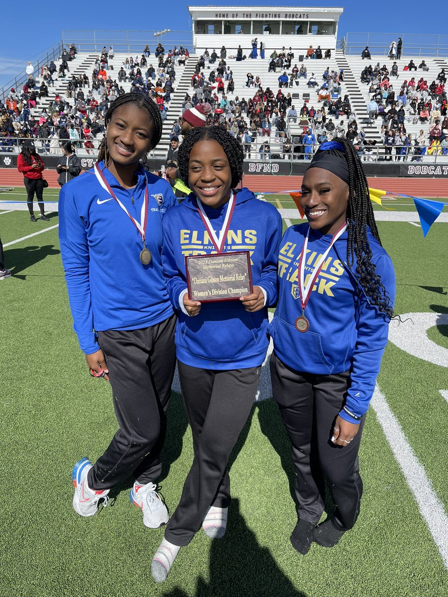 ElkinsTrack's tweet photo. Congratulations Taylor Jackson, Faith Holman and Zoe Allen on winning the Damani Gibson Relay! 🥇🥇🥇#doitfordamani @CwardElkinsHS @FBISDAthletics @EHS_Knightswire https://t.co/95KY638bx5