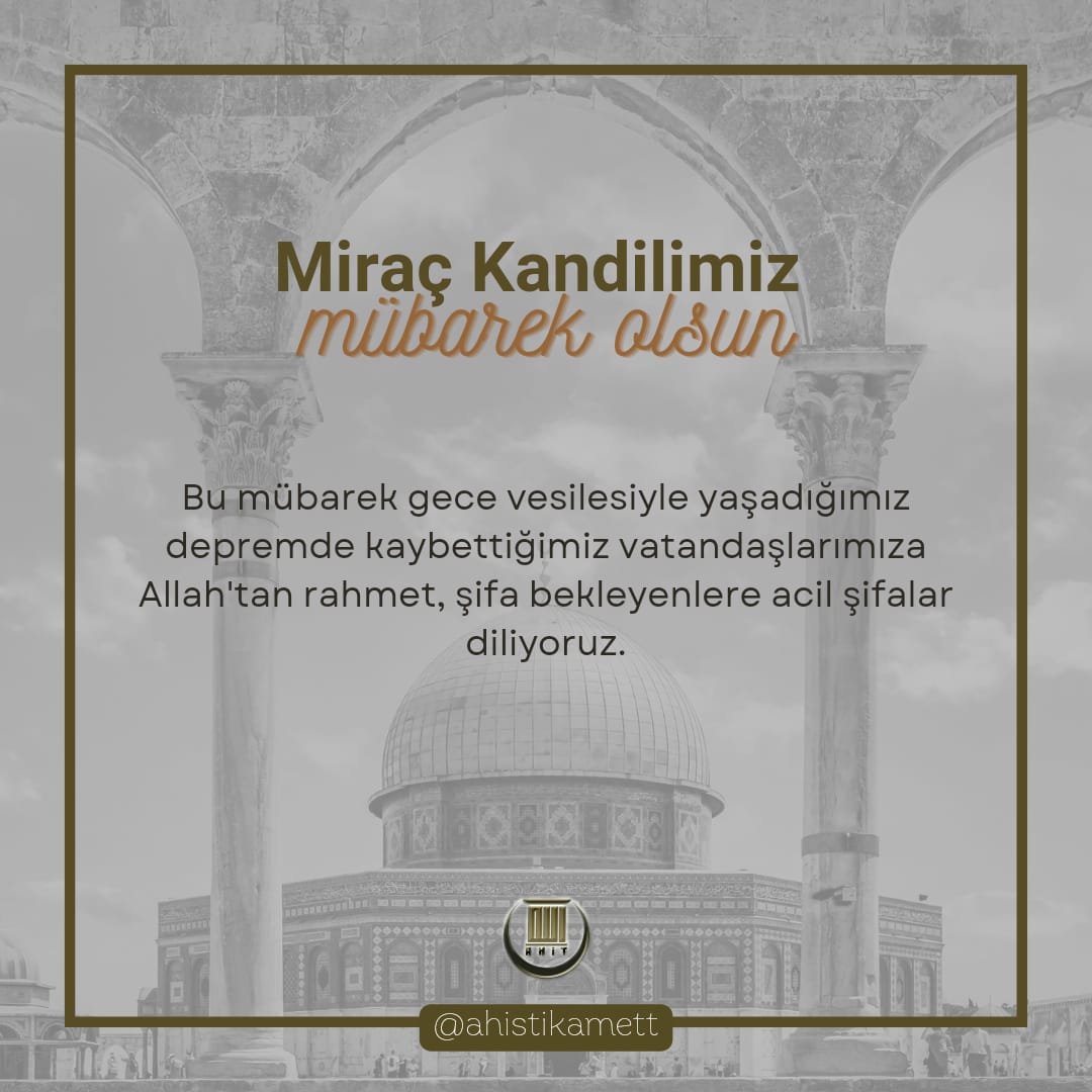 Miraç hüzün yılının ardından gelen bir müjde, Rabbimiz'in Efendimiz'e tesellisi olduğu gibi; yaşadığımız felaketin ardından bize de müjdeler getirsin, teselli olsun; yaralarımıza şifa, yüreklerimize inşirah, sıkıntılardan selamete çıkmamıza vesile olsun.
Kandilimiz mübarek olsun.