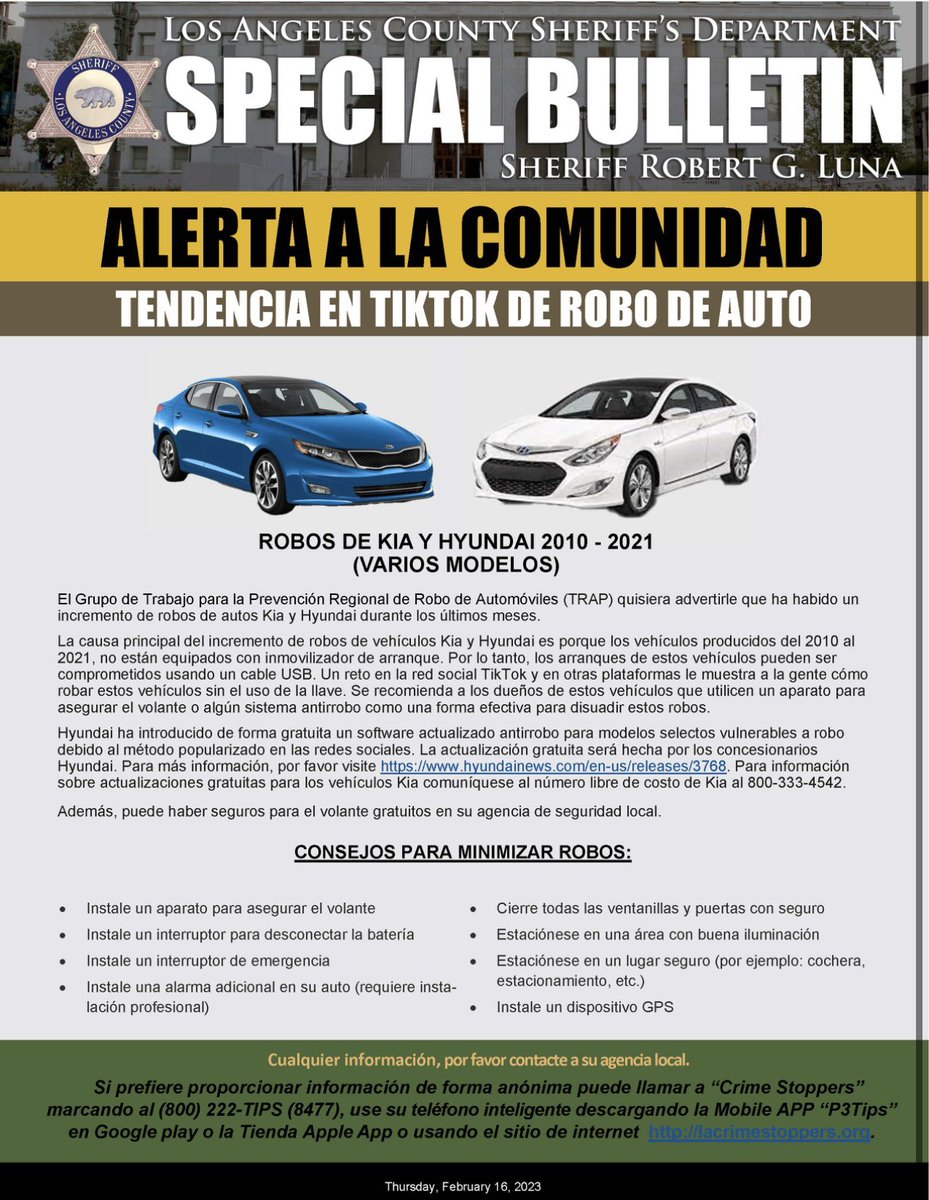 Ha habido un incremento de robos de autos Kia y Hyundai durante los últimos meses. Para información sobre actualizaciones gratuitas para los vehículos Kia comuníquese al número libre de costo de Kia al 800-333-4542.